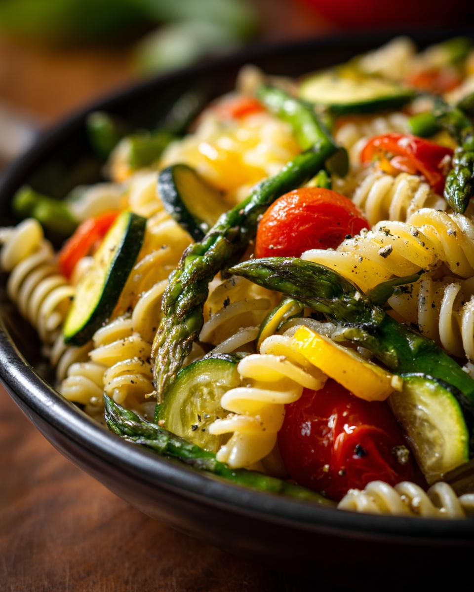 Close-up of a bowl of asparagus and zucchini pasta salad with tomatoes, zucchini, and asparagus.