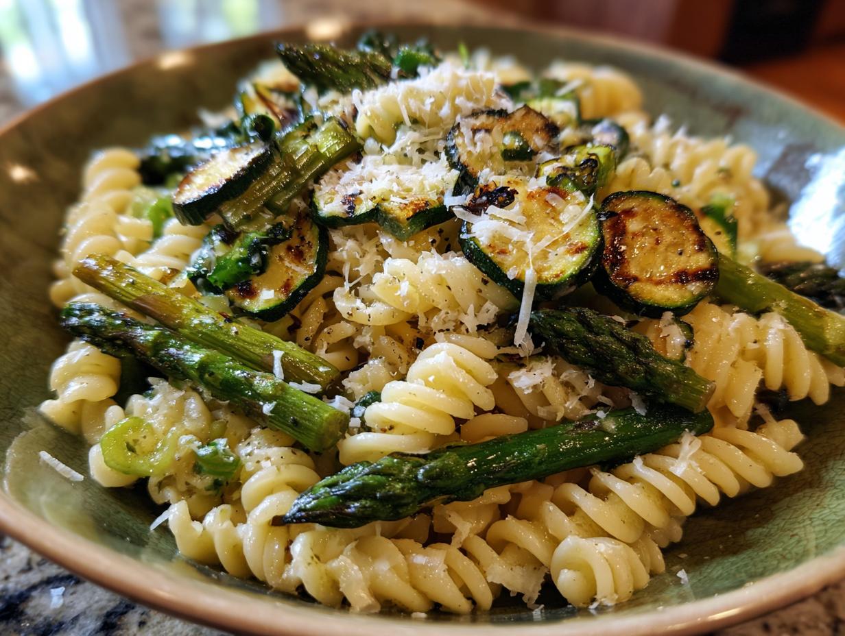 Close-up of asparagus and zucchini pasta salad with parmesan cheese.