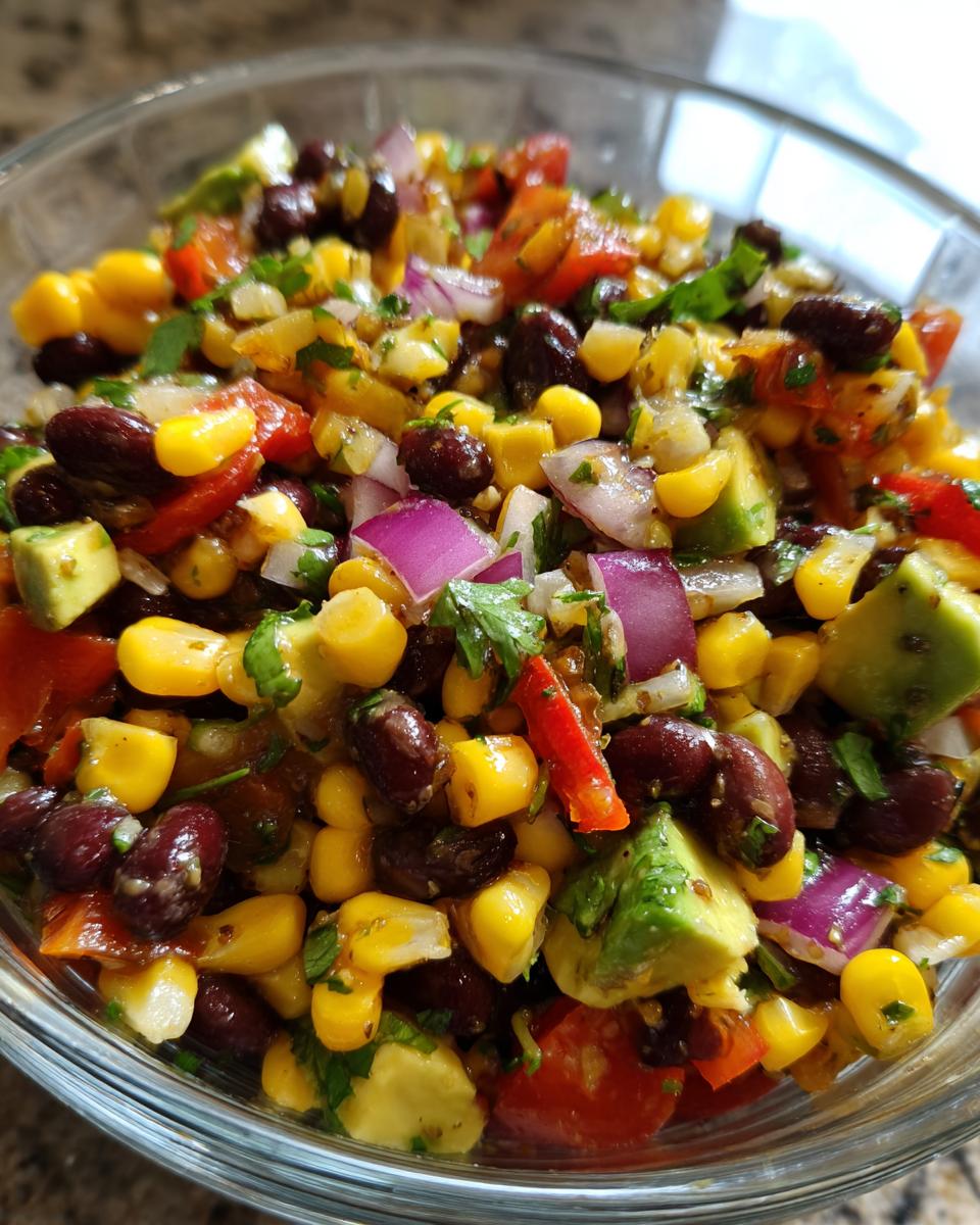 Close-up of a vibrant Avocado Corn Black Bean Salad in a clear glass bowl, showcasing fresh ingredients.