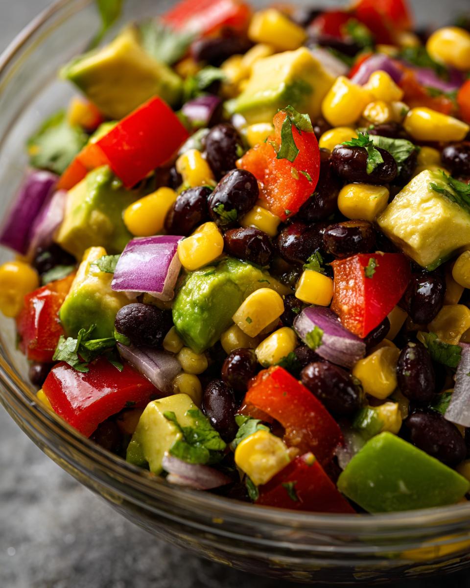 Close-up of a vibrant Avocado Corn Black Bean Salad in a glass bowl, with fresh ingredients.