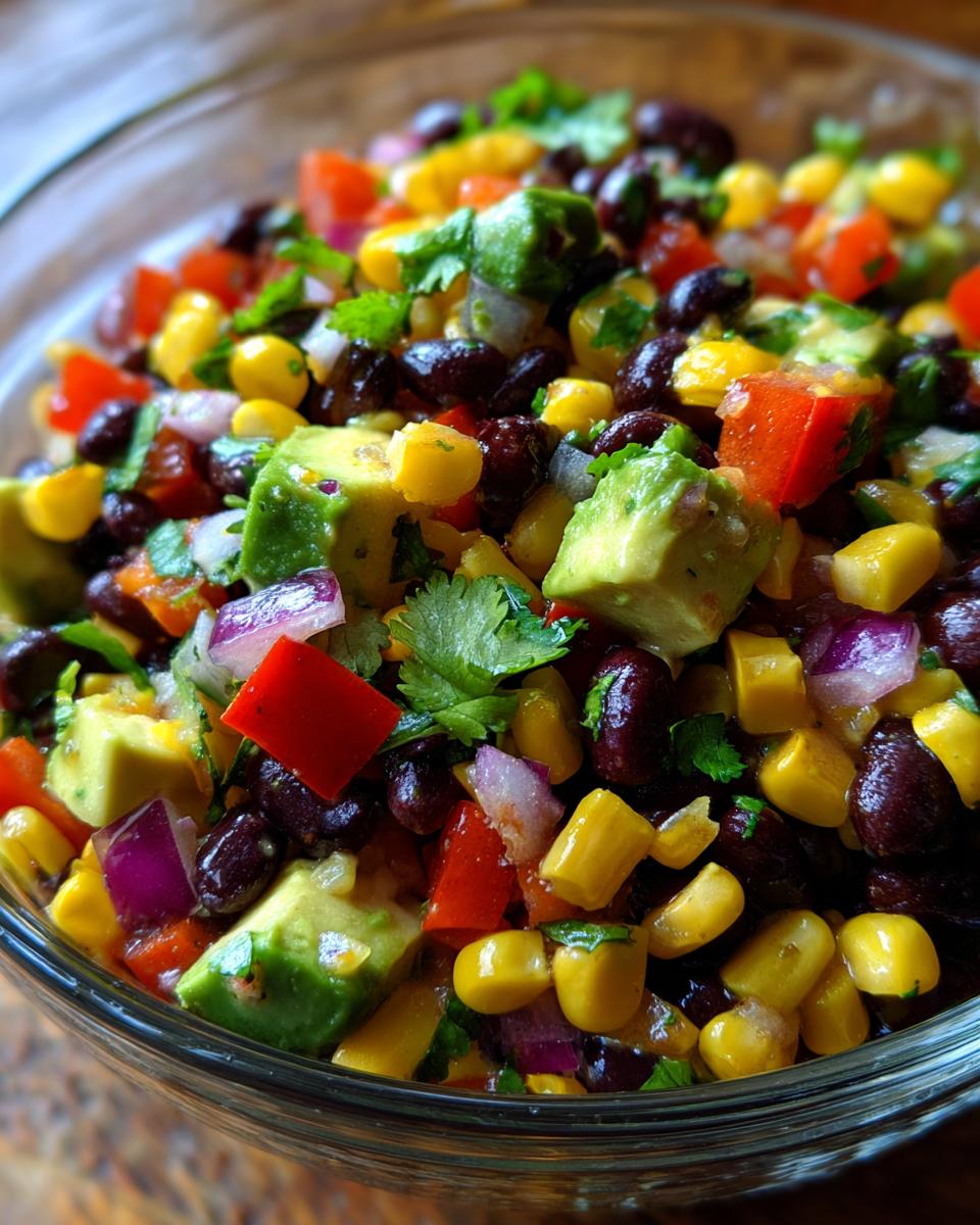 Close-up of a vibrant Avocado Corn Black Bean Salad in a glass bowl, showcasing fresh ingredients.