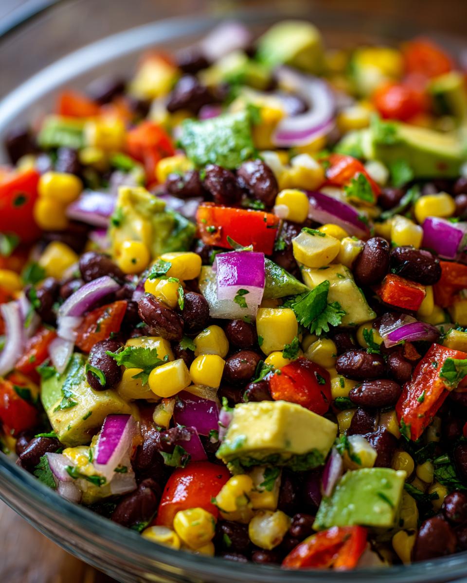 Close-up of a vibrant Avocado Corn Black Bean Salad in a glass bowl, with fresh ingredients.
