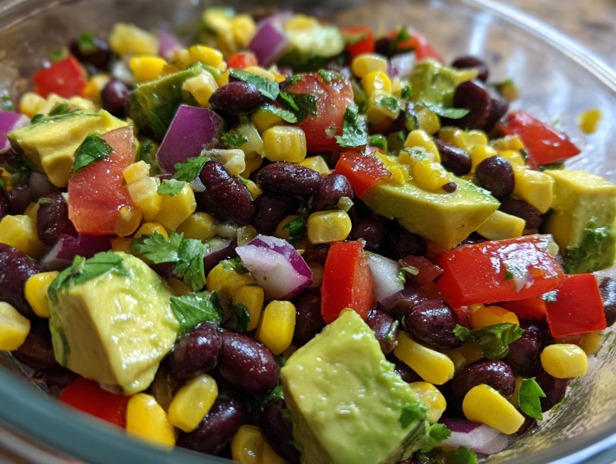 Close-up of a vibrant Avocado Corn Black Bean Salad with avocado, corn, black beans, and tomatoes.