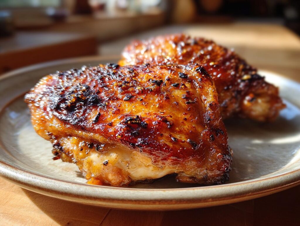 Close-up of golden brown Baked Lemon Chicken Thighs on a plate, ready to eat.