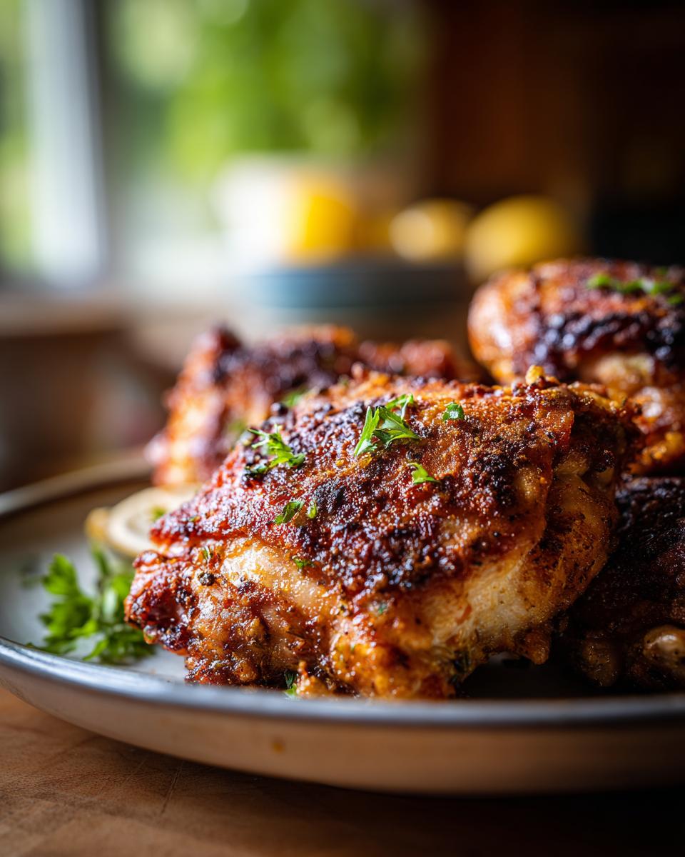 Close-up of golden brown Baked Lemon Chicken Thighs, garnished with parsley, on a plate.