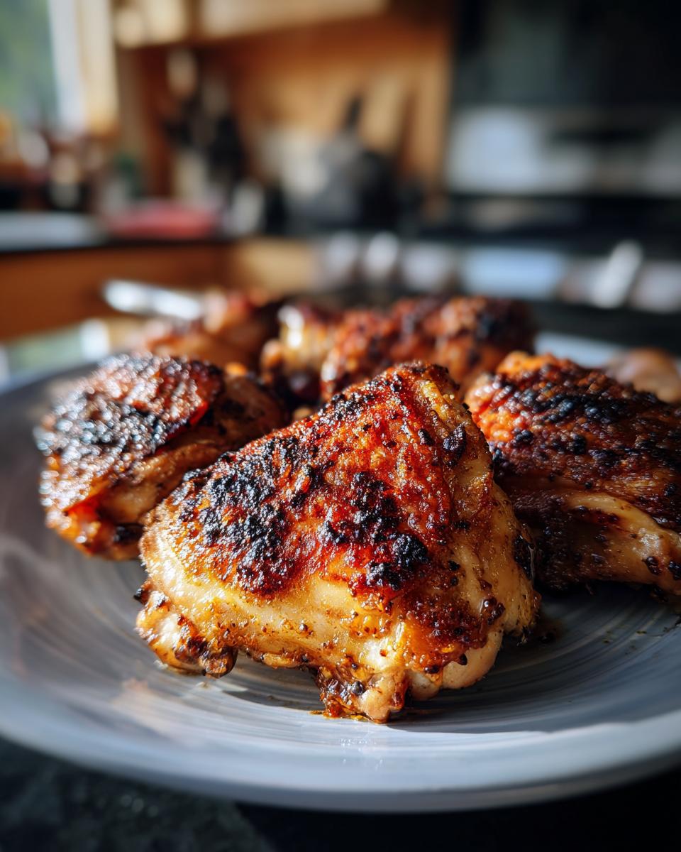 Close-up of golden brown Baked Lemon Chicken Thighs on a plate, cooked to perfection.