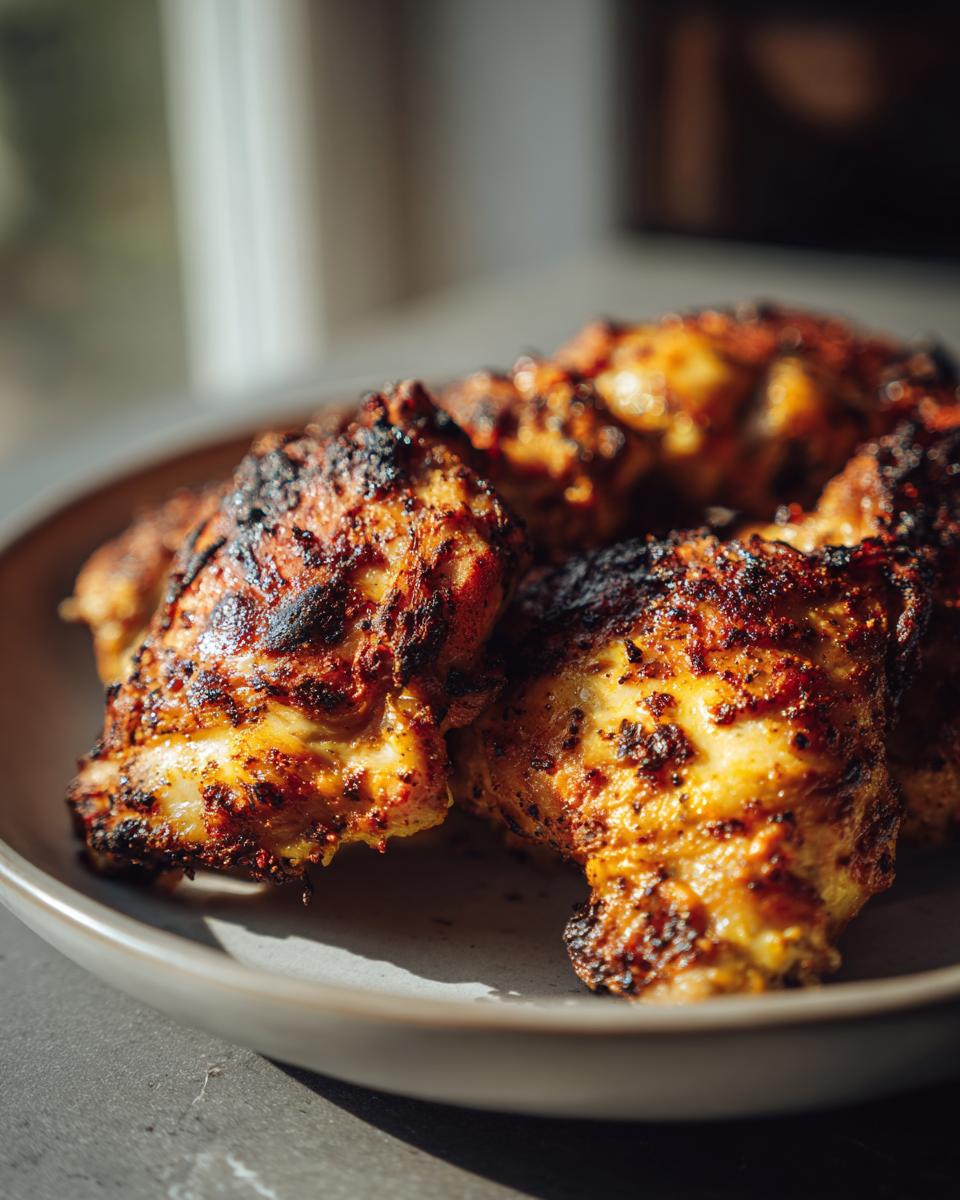 Close-up of golden brown Baked Lemon Chicken Thighs on a plate, ready to eat.