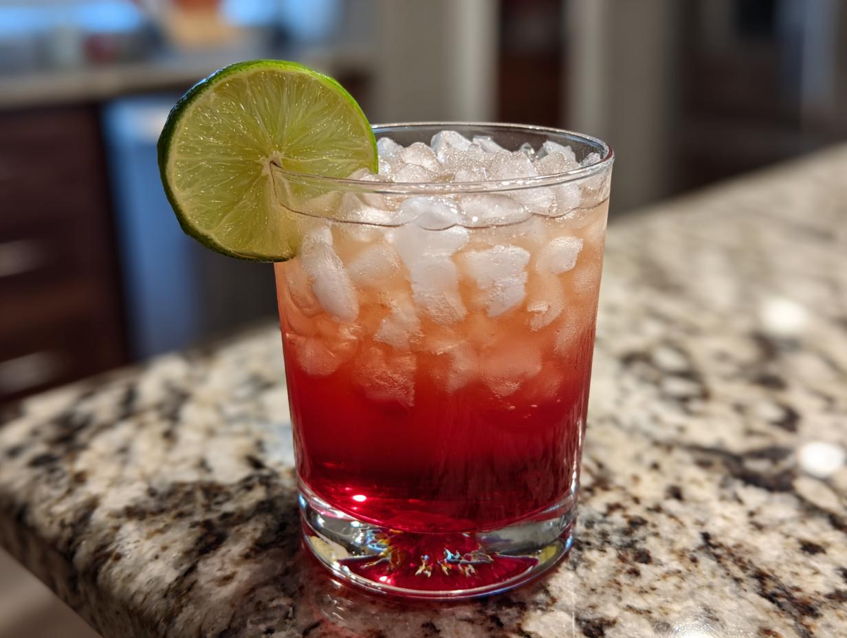 A vibrant Bay Breeze Cocktail in a glass with ice and a lime garnish.