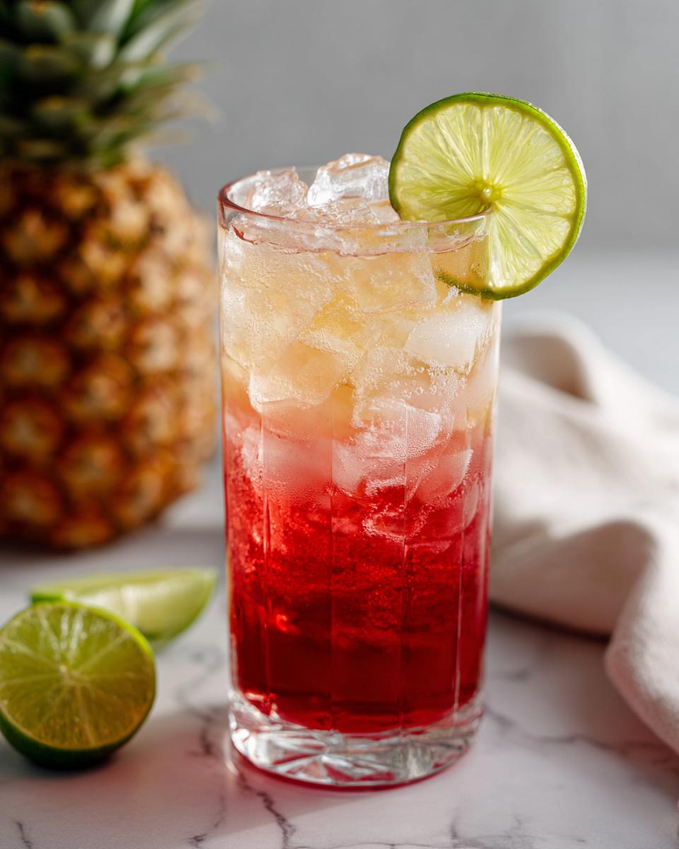 A layered Bay Breeze Cocktail in a tall glass, garnished with lime and ice.