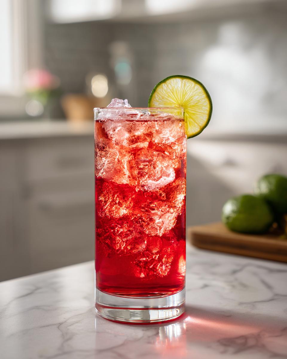 A vibrant Bay Breeze Cocktail in a tall glass, garnished with a lime slice. Perfect refreshing drink.