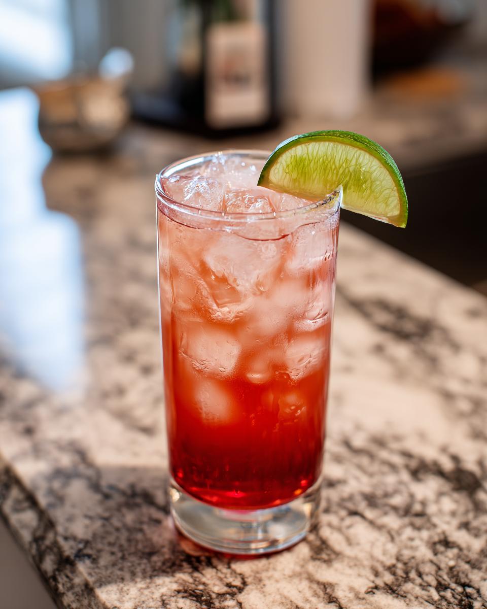 A tall glass of Bay Breeze Cocktail with ice and a lime wedge, perfect for a refreshing drink.