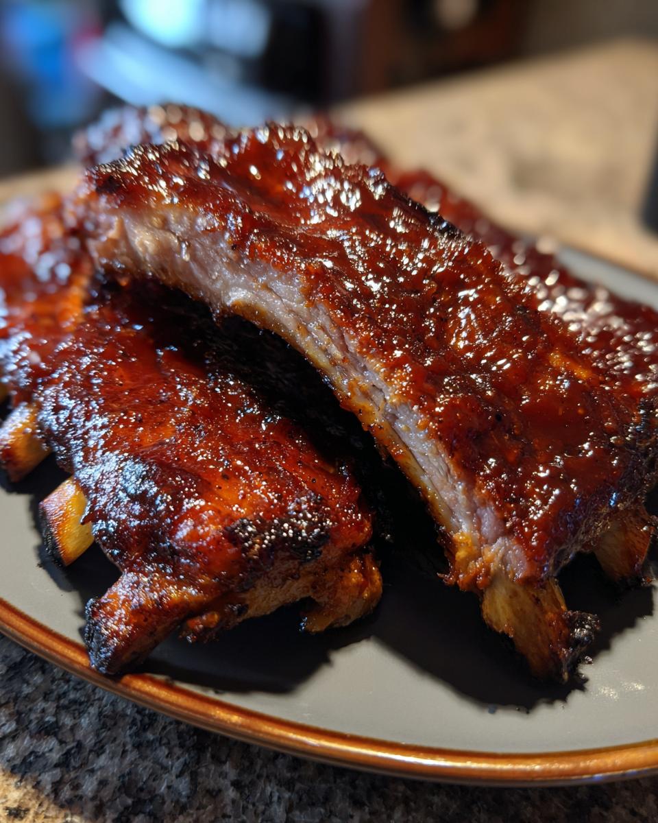 Close-up of delicious BBQ ribs with homemade sauce, showing the tender meat and glossy glaze.