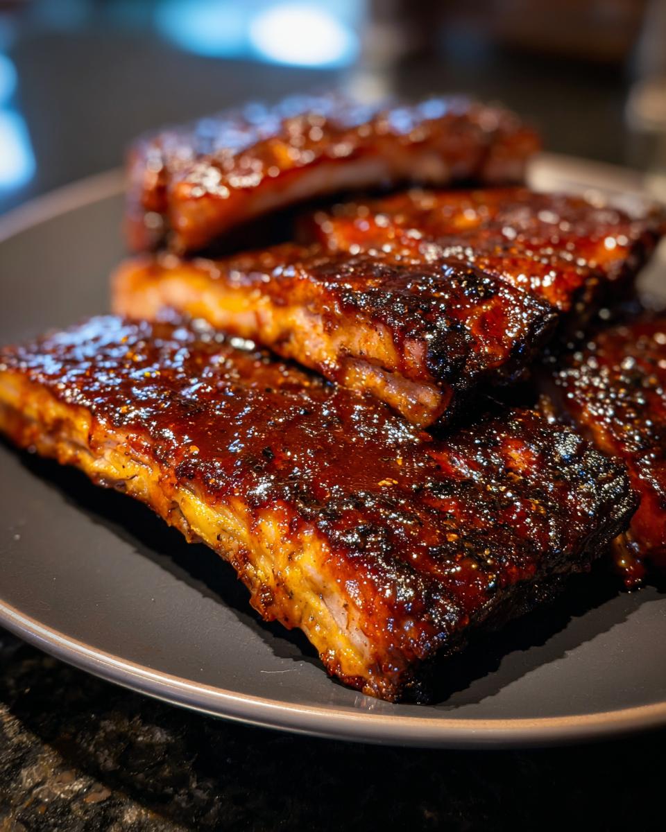 Close-up of BBQ ribs with homemade sauce, glistening and delicious on a plate. Perfect BBQ Ribs.