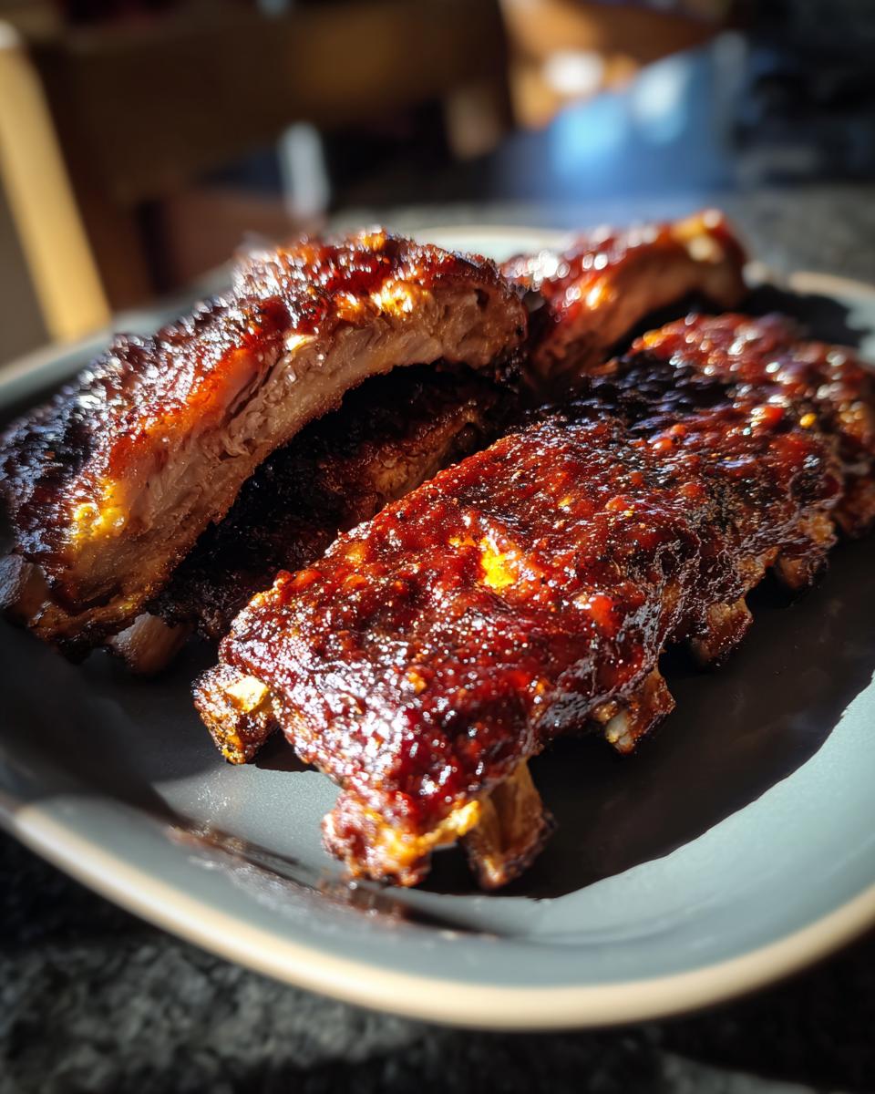 Close-up of BBQ Ribs with Homemade Sauce, glistening and juicy on a plate.