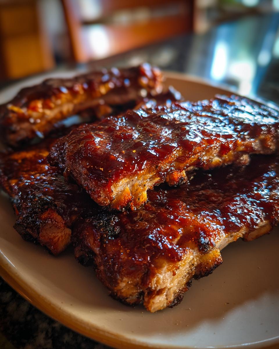 Close-up of BBQ ribs with homemade sauce, glistening and delicious.