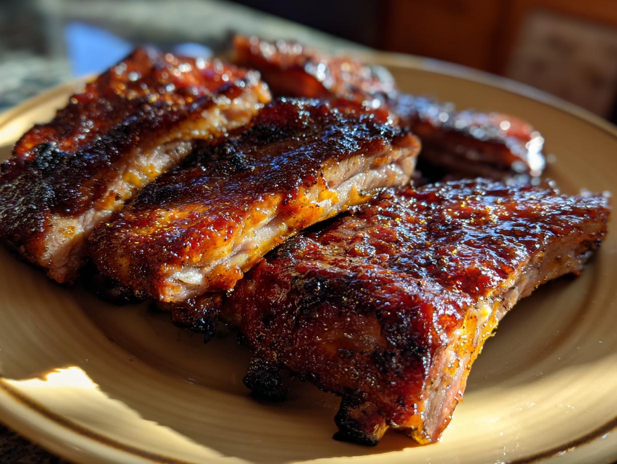 Close-up of BBQ ribs with homemade sauce on a plate. Delicious BBQ Ribs.