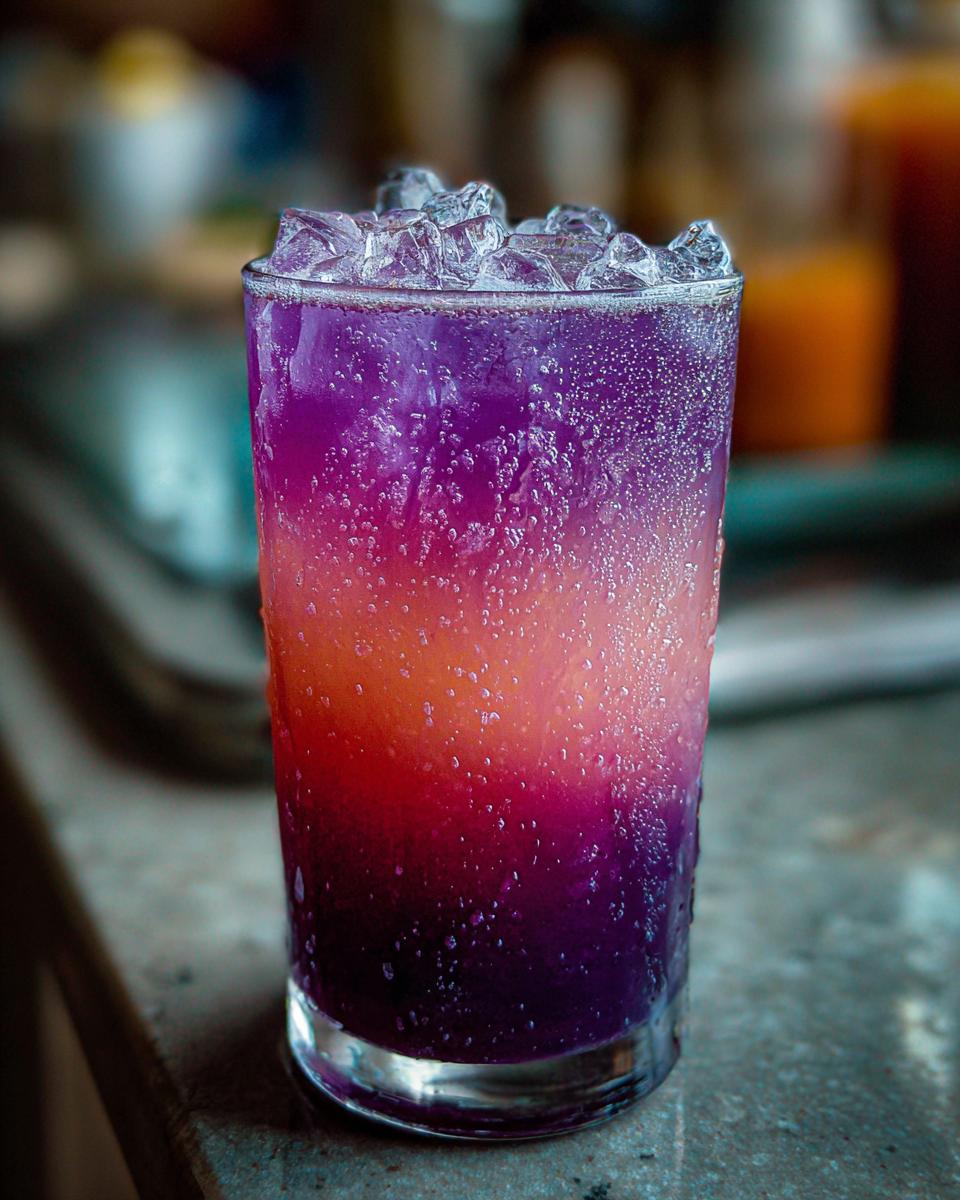 A colorful Beach Cocktail with ice, layered with purple, orange, and red hues in a glass.