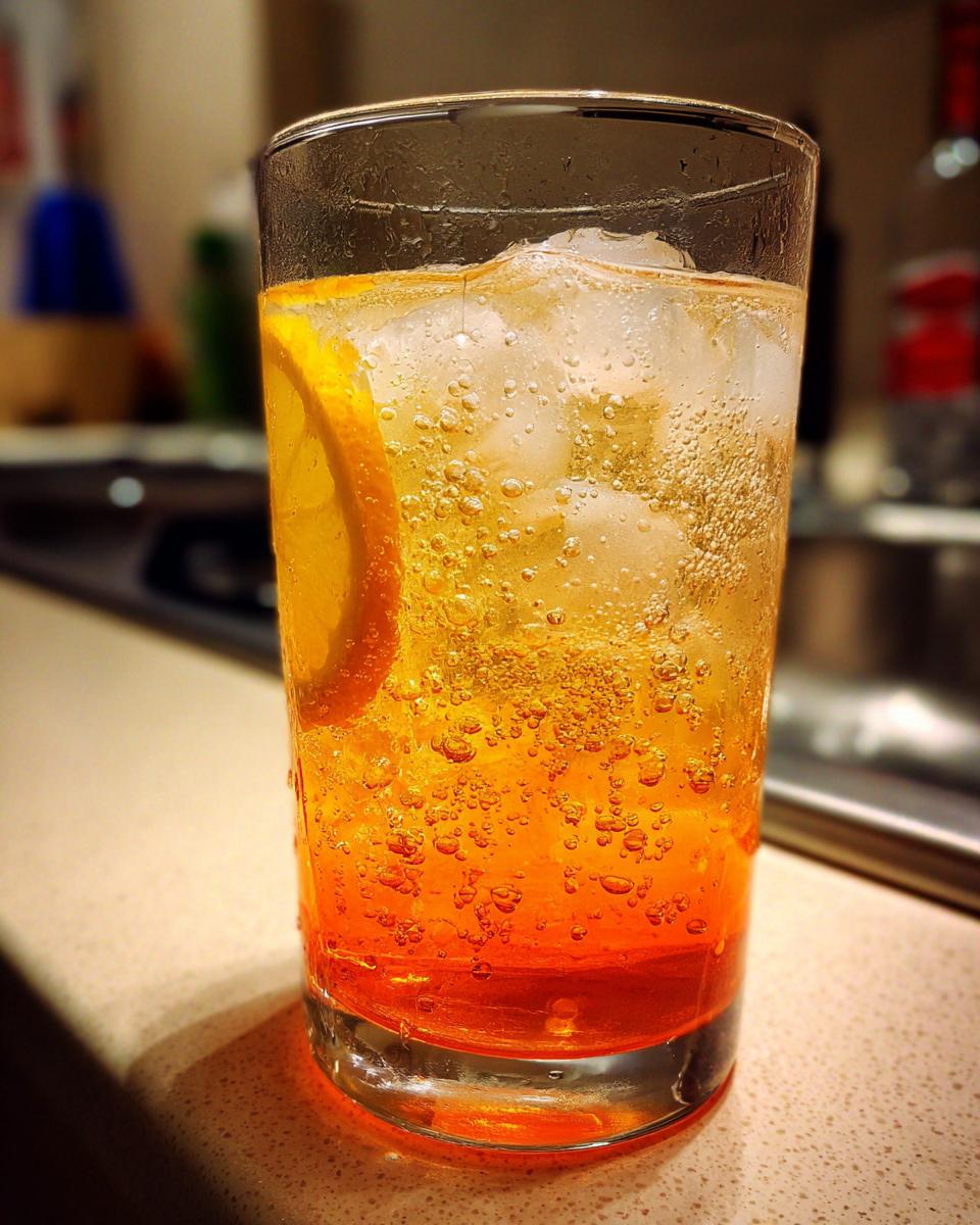Close-up of a vibrant Beach Cocktail with ice and an orange slice, perfect for a sunny day.