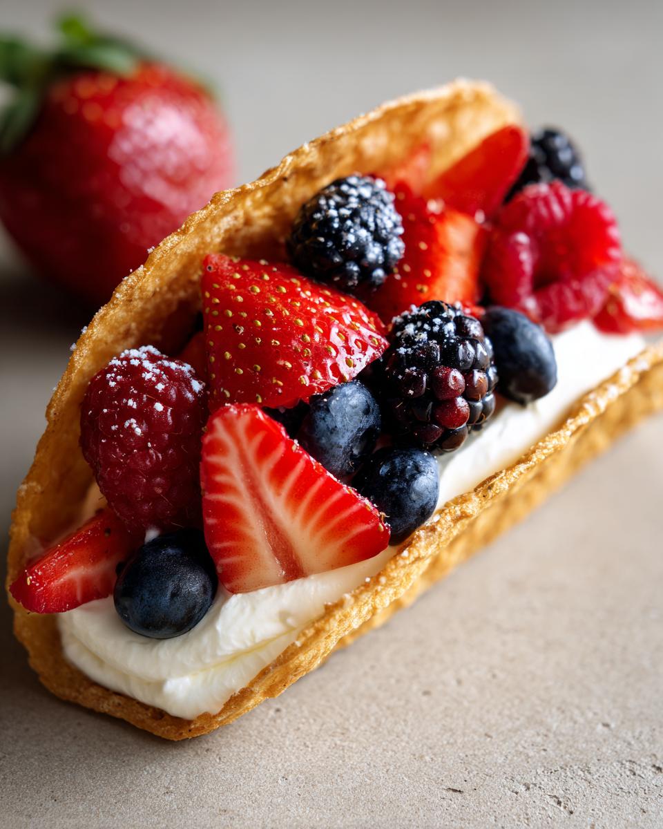 Close-up of a Berrylicious Cheesecake Taco filled with cream and fresh berries.