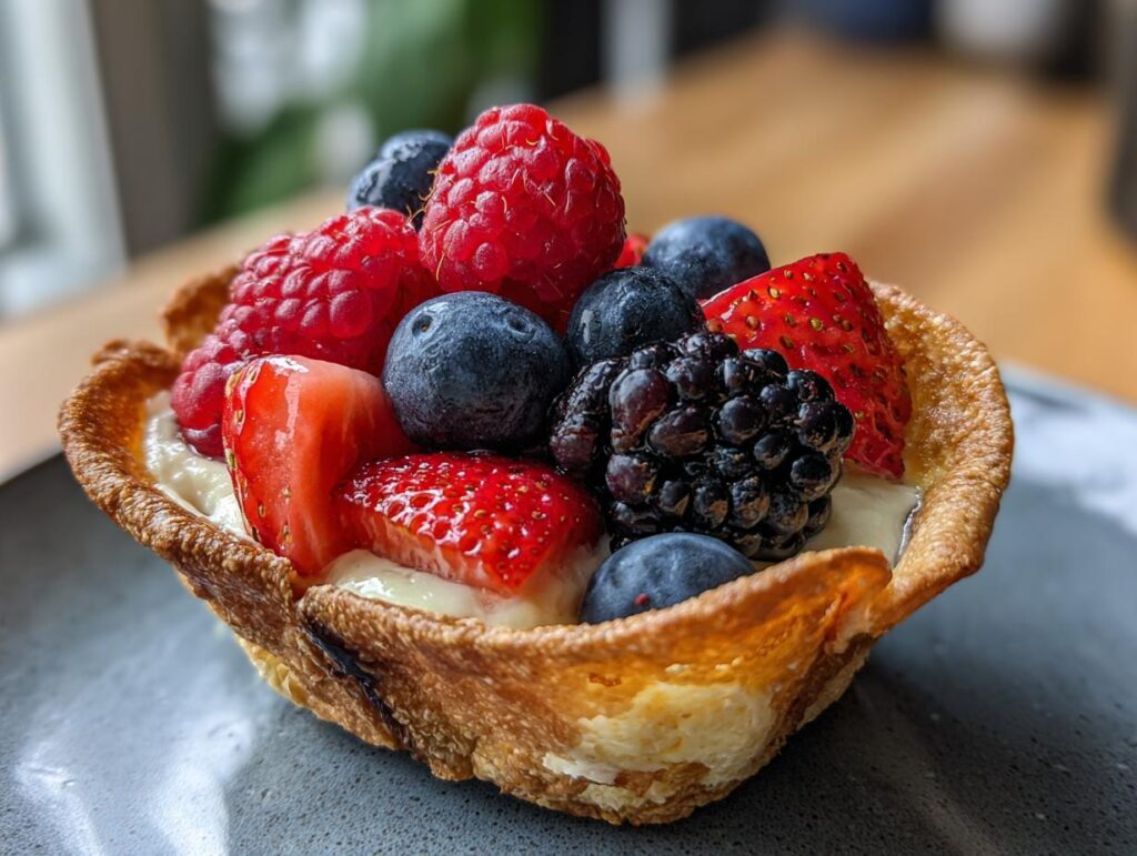 Close-up of a Berrylicious Cheesecake Taco filled with cheesecake and topped with fresh berries.
