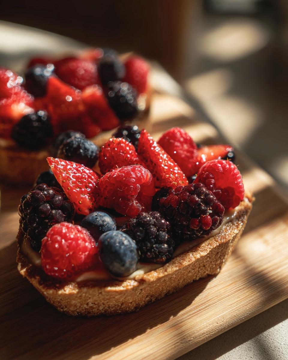 Close-up of a Berrylicious Cheesecake Taco topped with fresh berries, including raspberries, blueberries, and blackberries.
