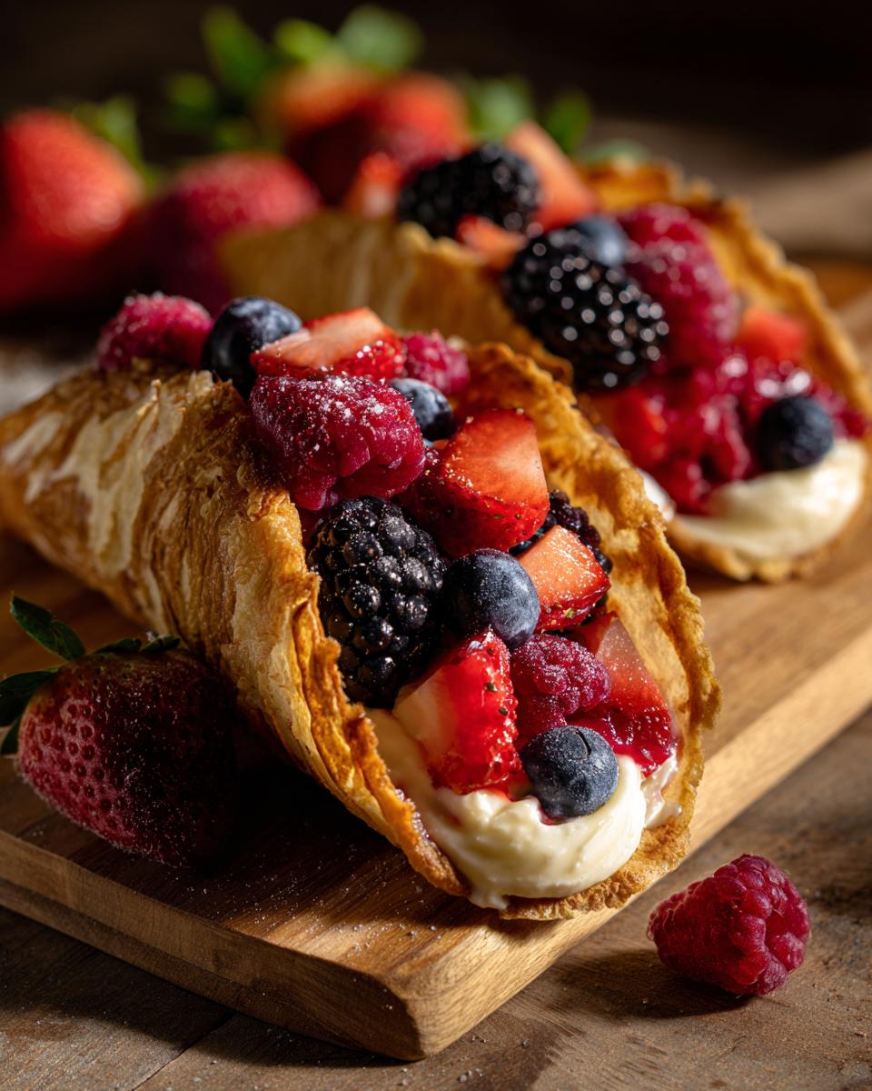 Close-up of Berrylicious Cheesecake Tacos filled with cream and fresh berries, a delicious dessert.
