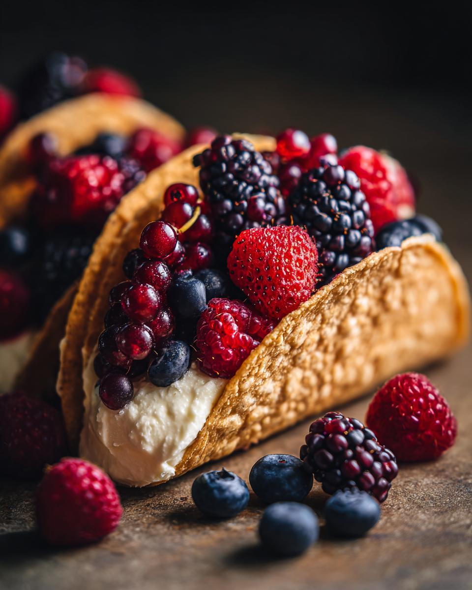 Close-up of a Berrylicious Cheesecake Taco filled with cream and topped with fresh berries.
