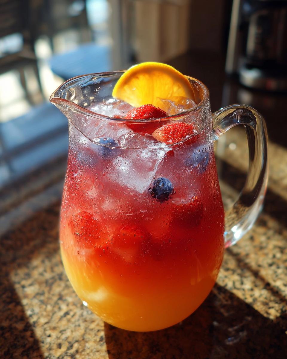 A pitcher of a refreshing big batch cocktail with berries and an orange slice, perfect for summer parties.