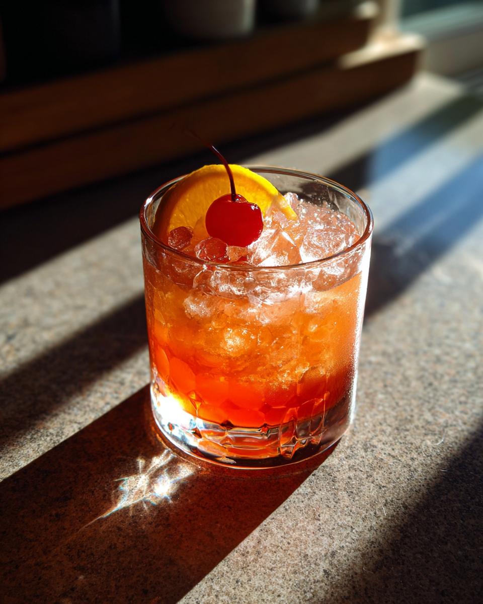 Close-up of a big-batch cocktail in a glass with ice, orange slice, and a cherry.
