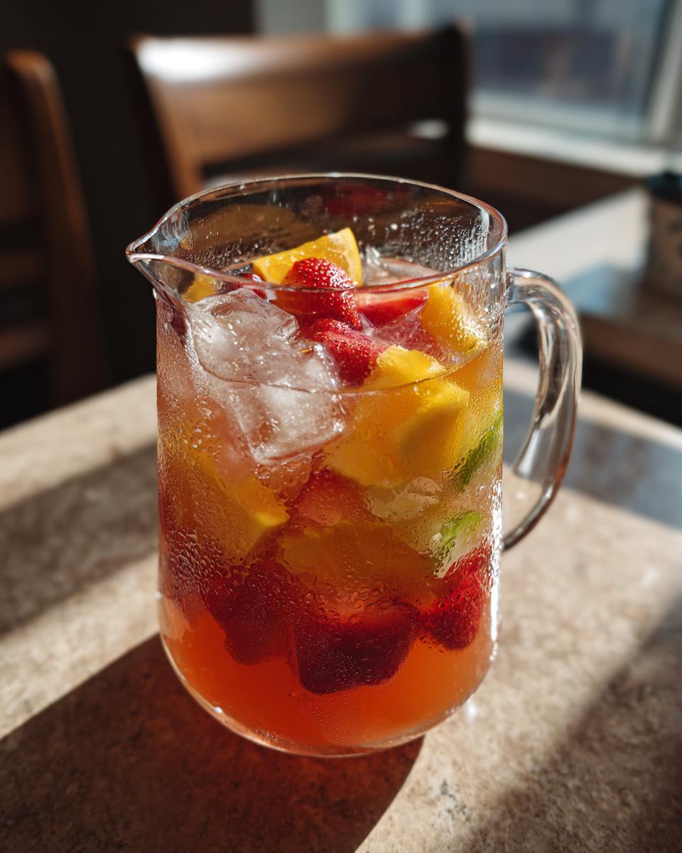 A pitcher of a colorful big batch cocktail with ice and fresh fruit, perfect for summer parties.