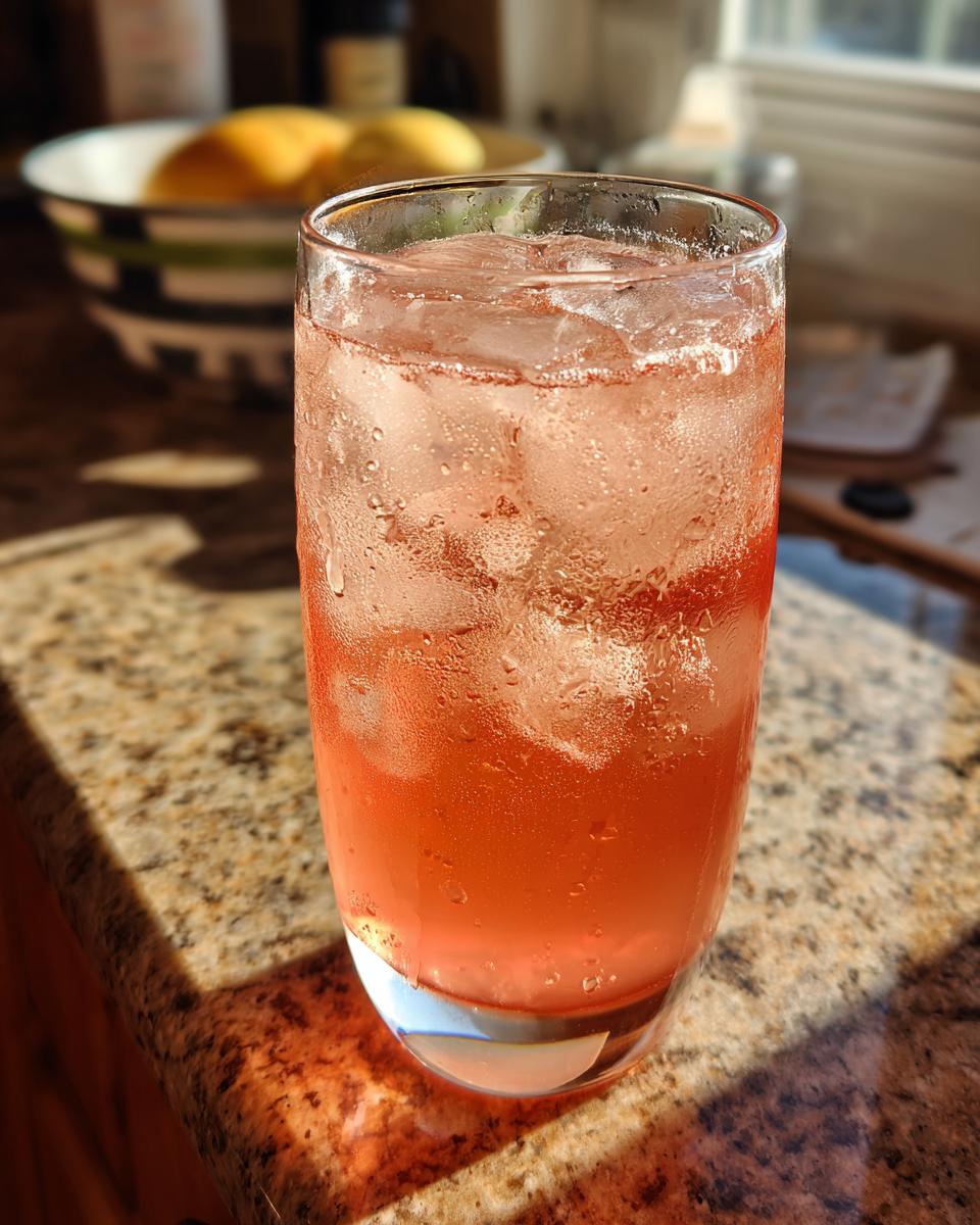 Close-up of a chilled big-batch cocktail in a tall glass filled with ice.