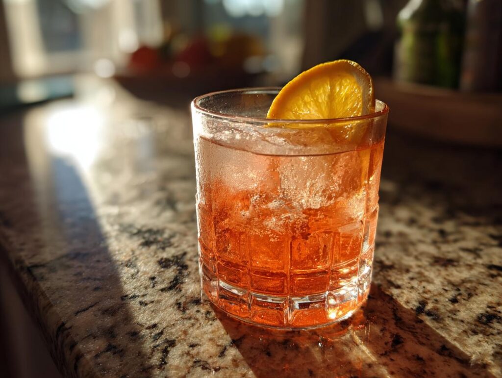 Close-up of a cocktail with ice and an orange slice. Perfect for 12 Big-Batch Cocktails.