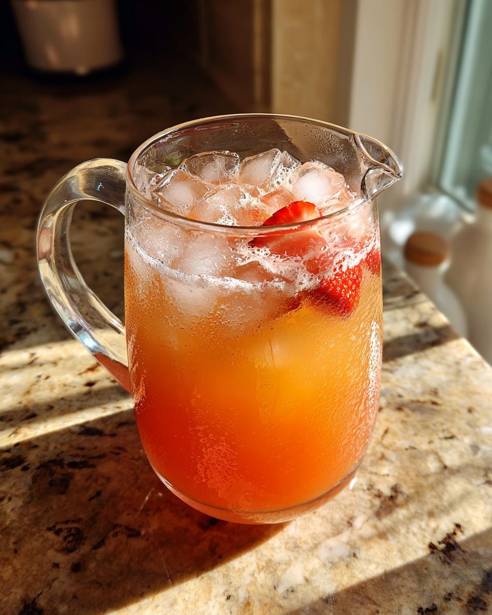 A pitcher of a refreshing big batch cocktail with ice and strawberries, perfect for summer parties.