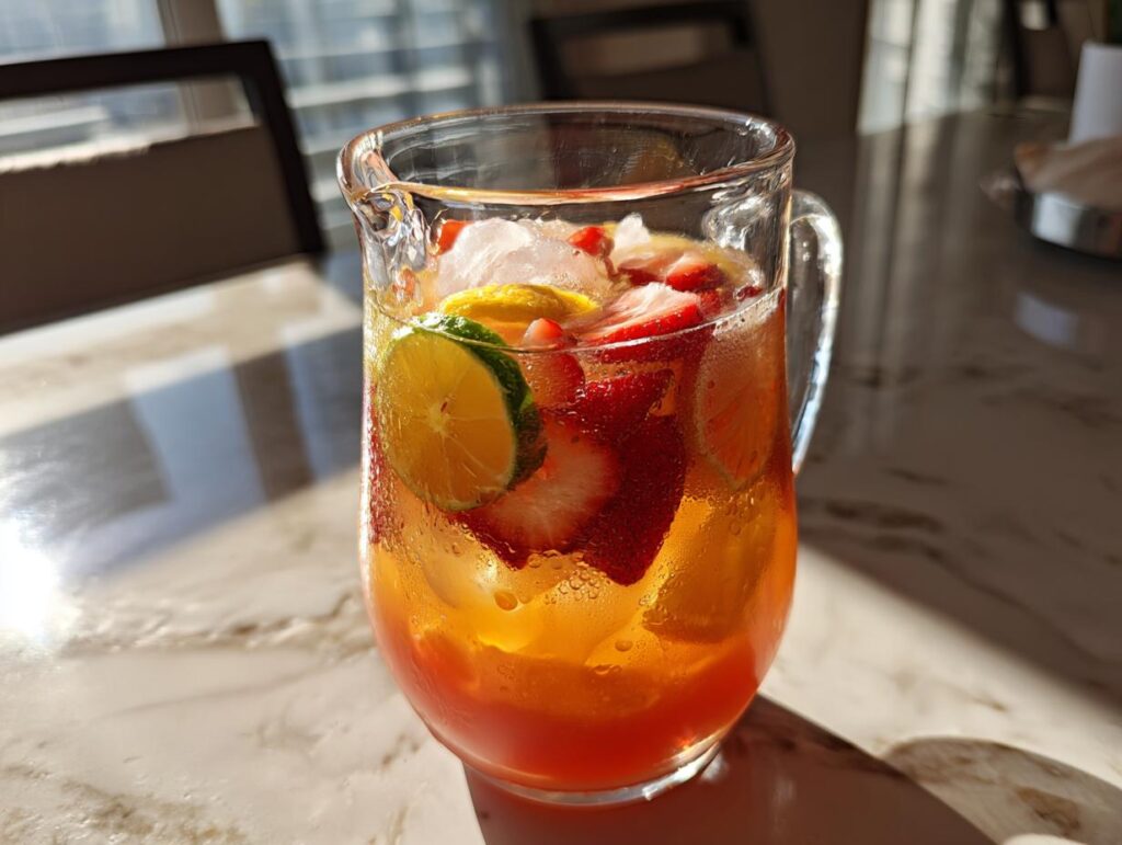 A pitcher of a refreshing big batch cocktail with strawberries, lime, and ice.