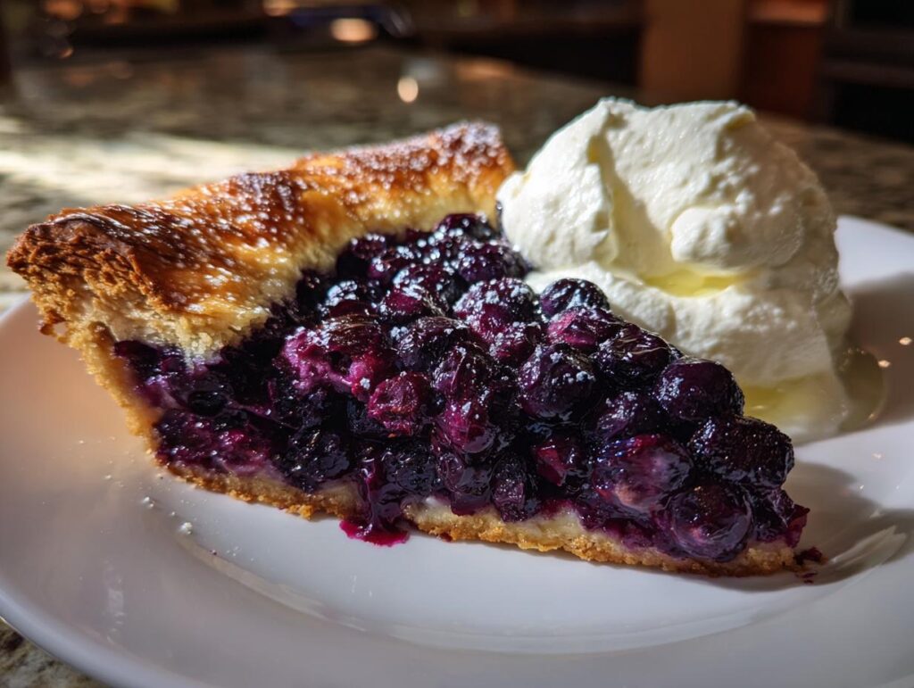 A slice of delicious Blueberry Galette with Vanilla Cream served on a white plate.