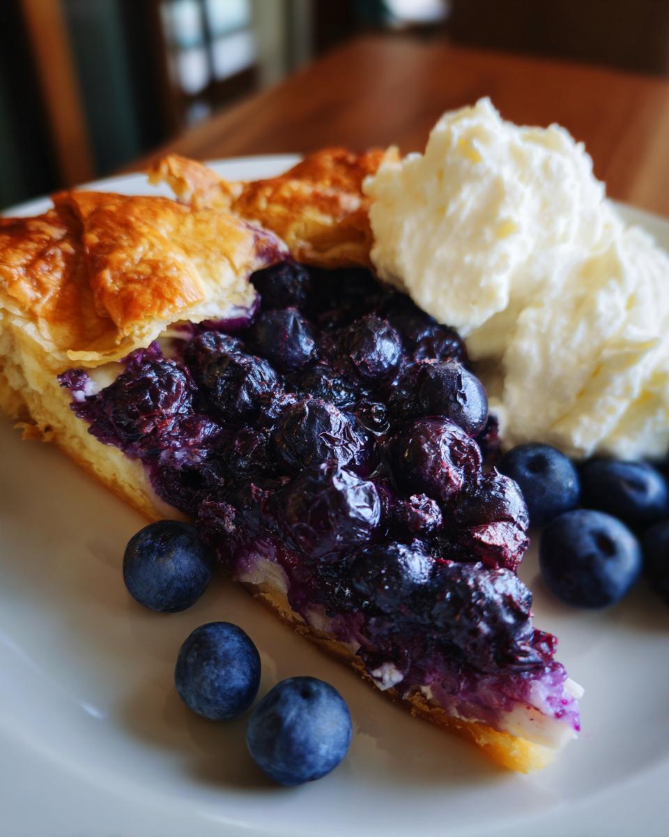 A slice of delicious Blueberry Galette with Vanilla Cream, served on a white plate.