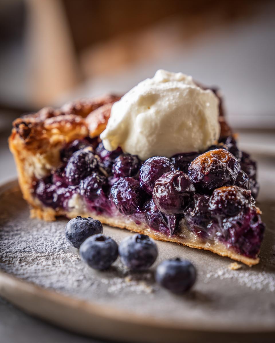 A slice of Blueberry Galette with Vanilla Cream, with fresh blueberries on a plate.