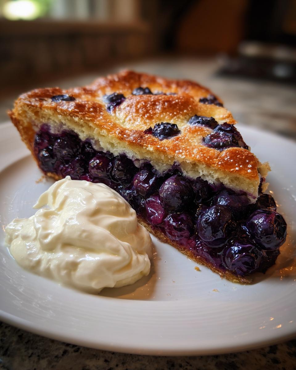 A slice of Blueberry Galette with Vanilla Cream served on a white plate, showing the juicy blueberry filling.