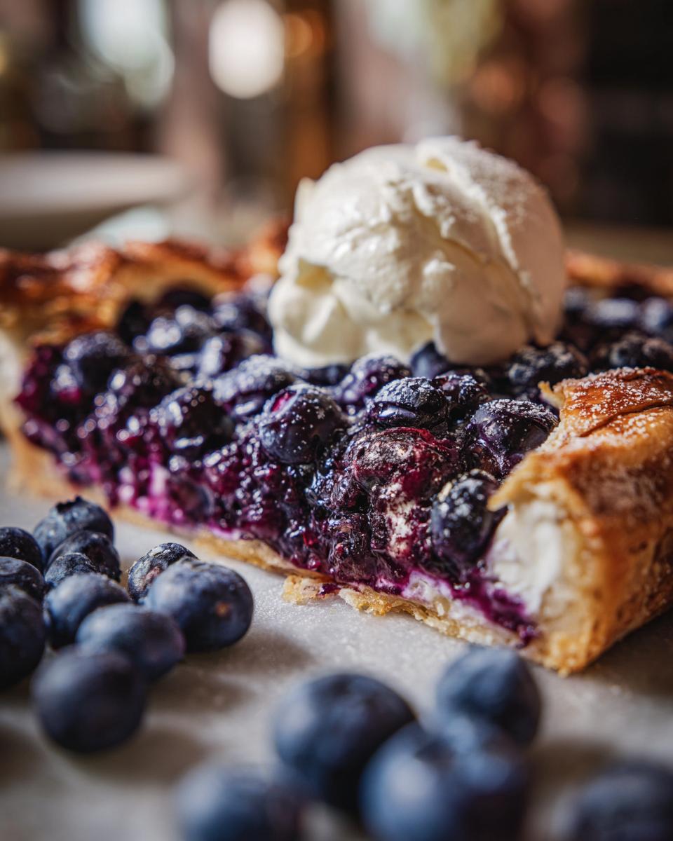 Close-up of a slice of Blueberry Galette with a scoop of vanilla cream, and fresh blueberries.