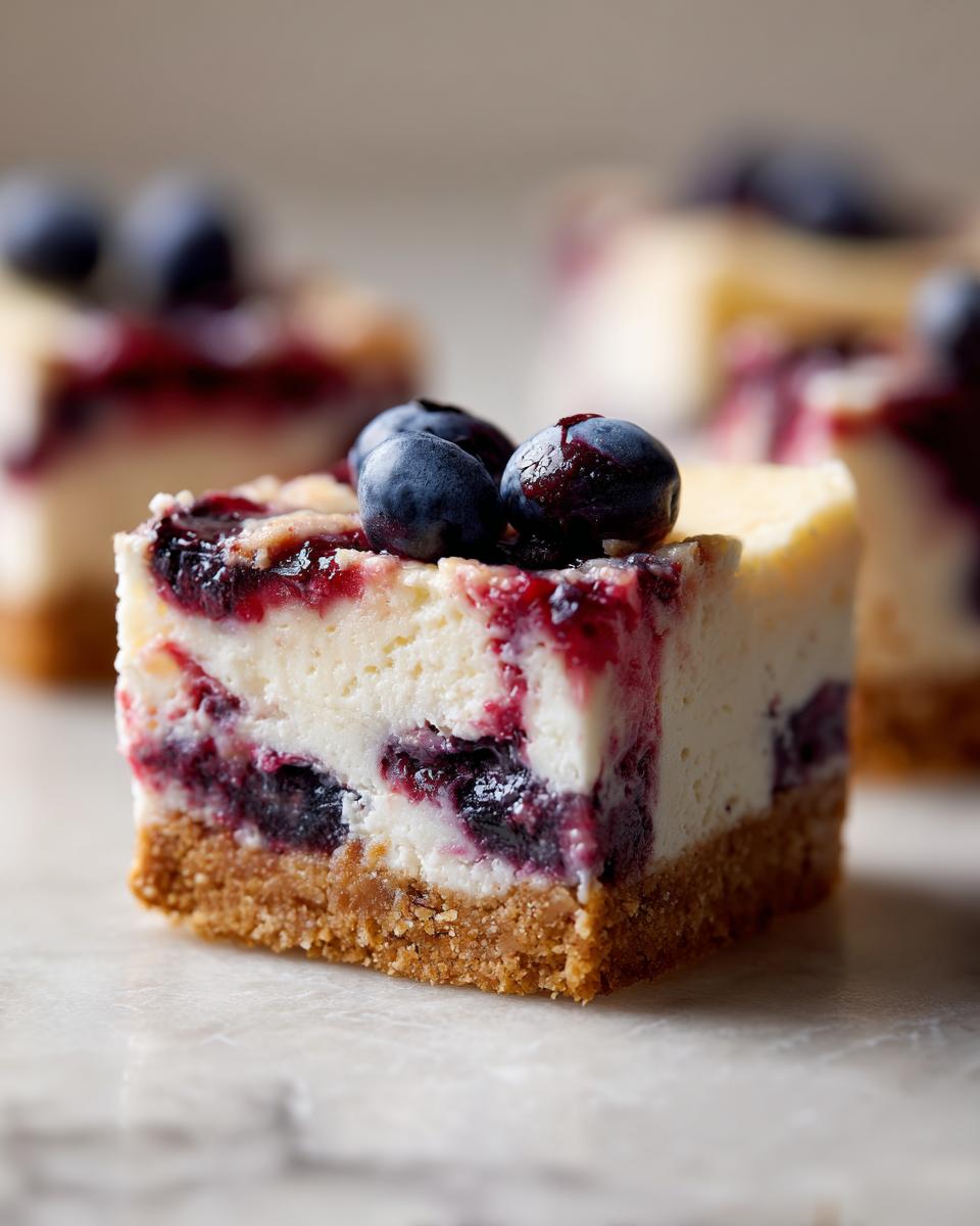 Close-up of a Blueberry Lemon Cheesecake Bar, topped with fresh blueberries. The perfect dessert!