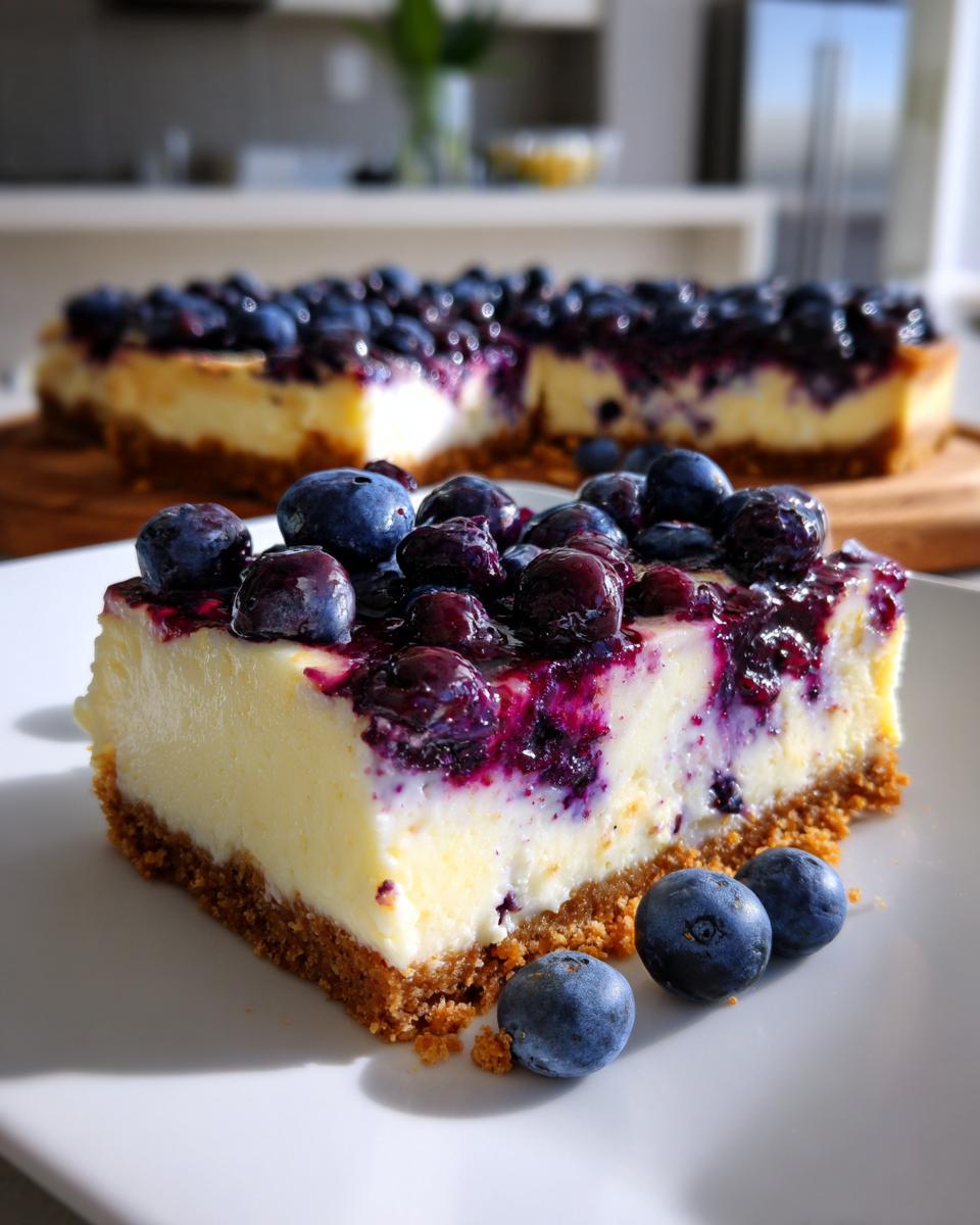 Close-up of a slice of Blueberry Lemon Cheesecake Bars with fresh blueberries on top.