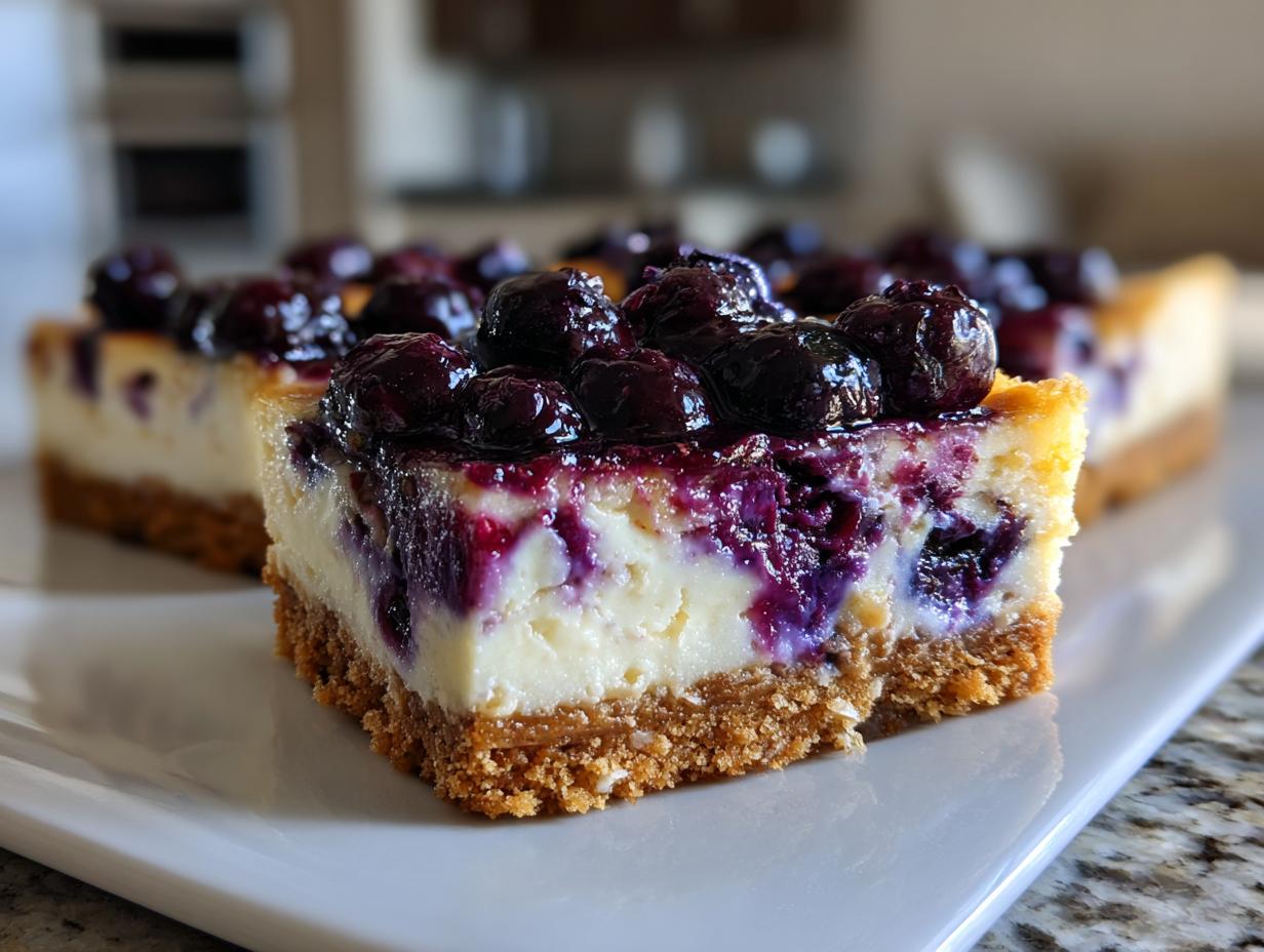Close-up of a slice of Blueberry Lemon Cheesecake Bars topped with fresh blueberries.
