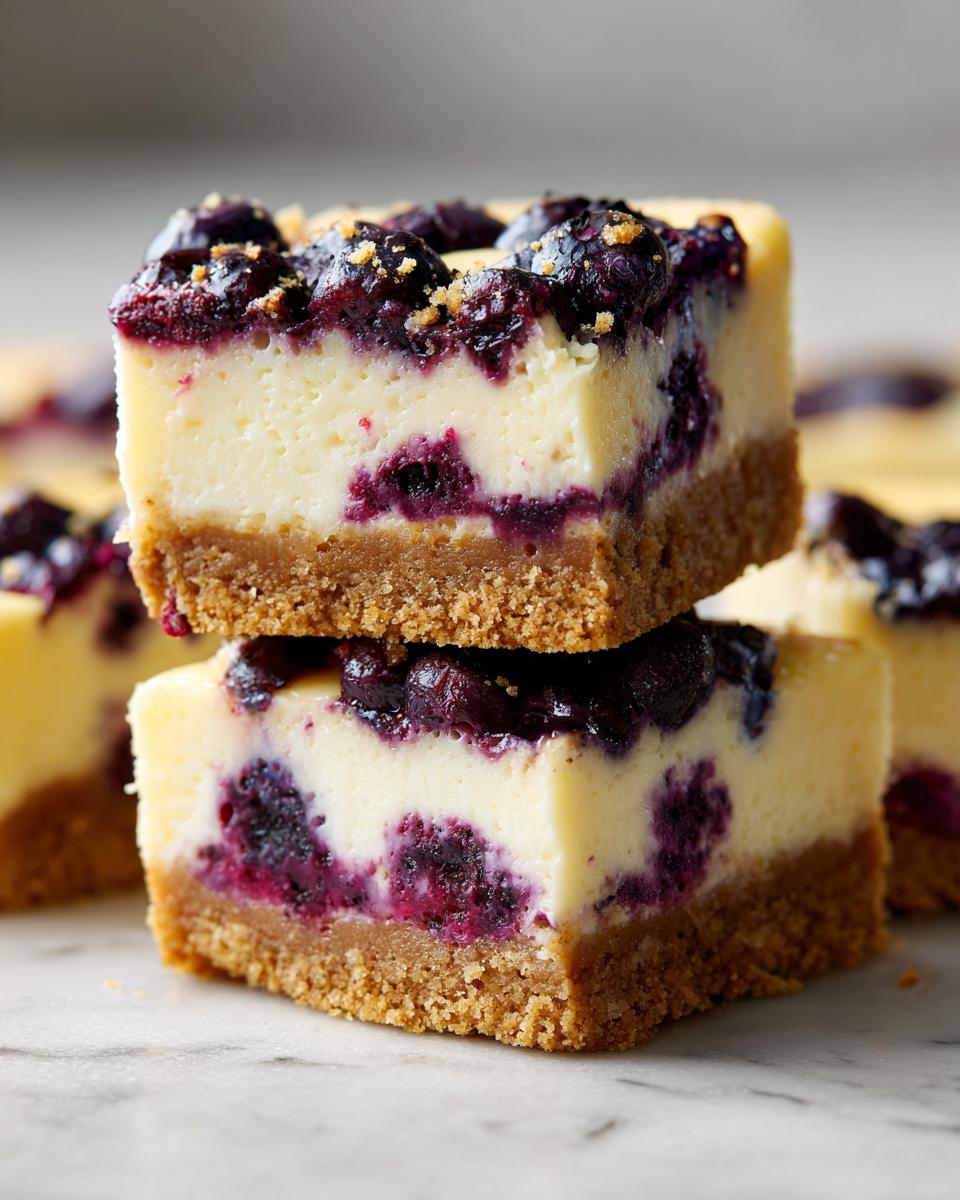 Close-up of stacked Blueberry Lemon Cheesecake Bars with a graham cracker crust and blueberry topping.