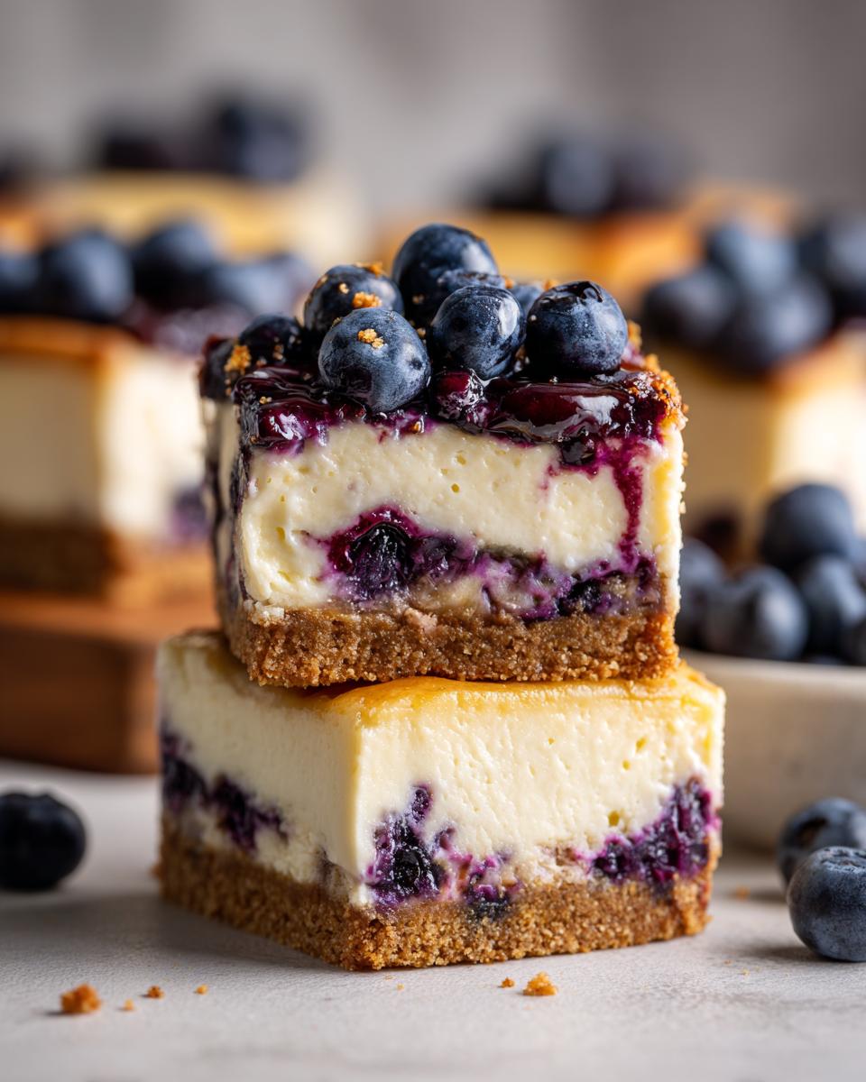 Close-up of stacked Blueberry Lemon Cheesecake Bars topped with fresh blueberries.