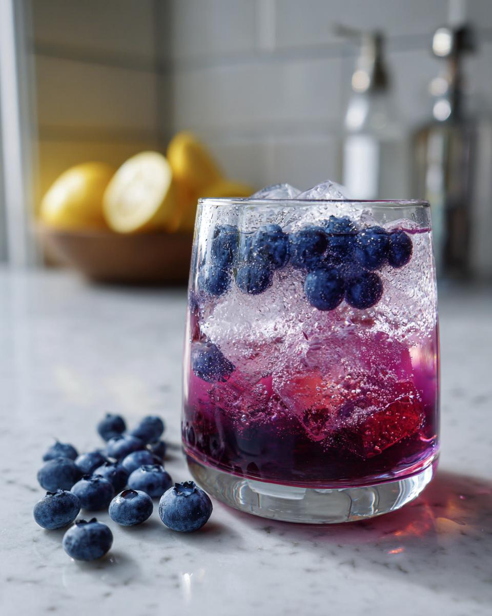 Close-up of a Blueberry Lemonade Vodka Smash cocktail with blueberries and ice.