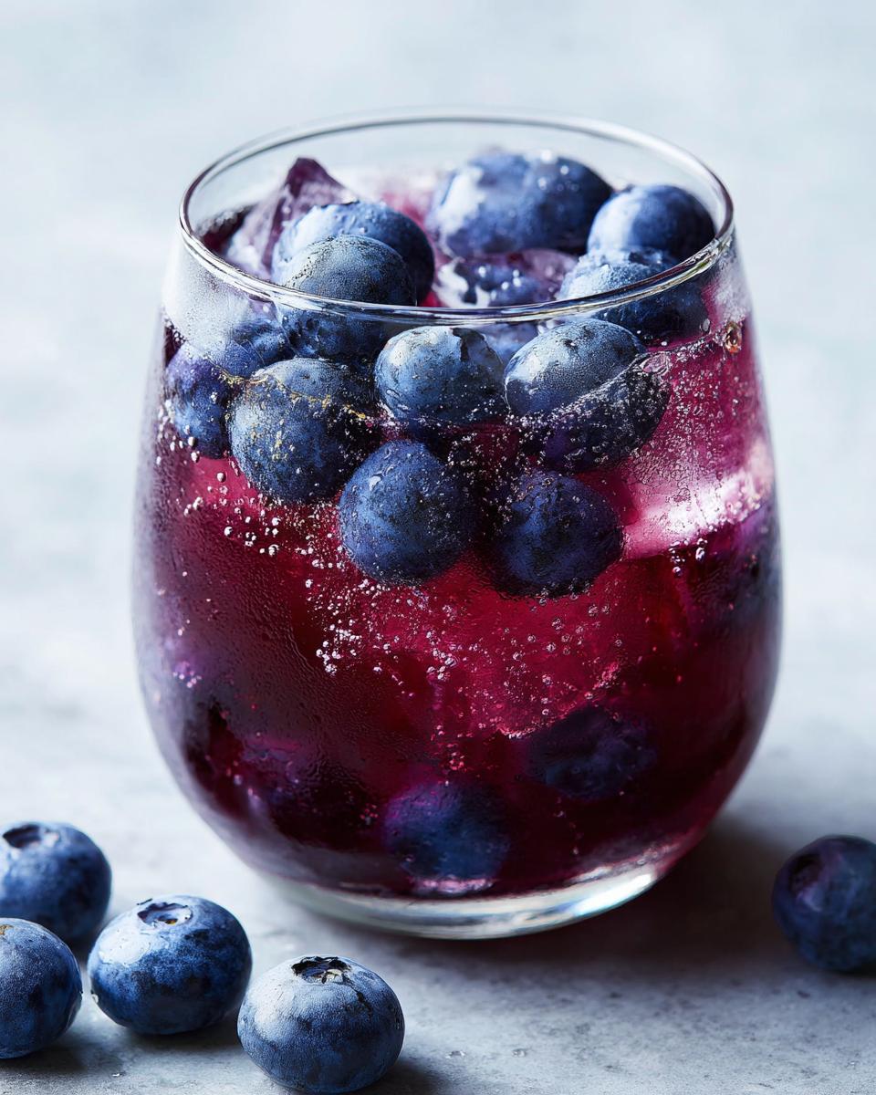 Close-up of a Blueberry Lemonade Vodka Smash cocktail with fresh blueberries and ice.