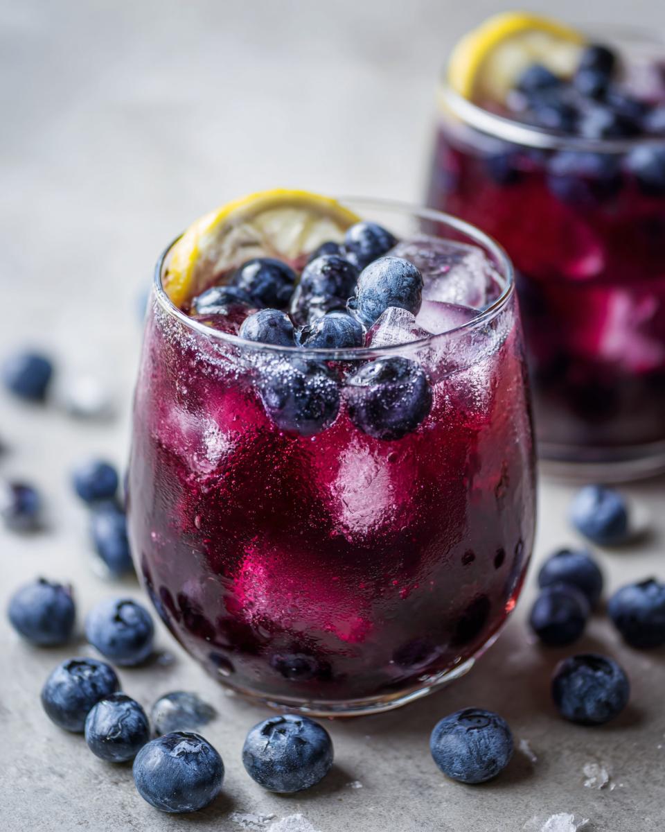 A tall glass of Blueberry Lemonade Vodka Smash cocktail with fresh blueberries, lemon, and ice.
