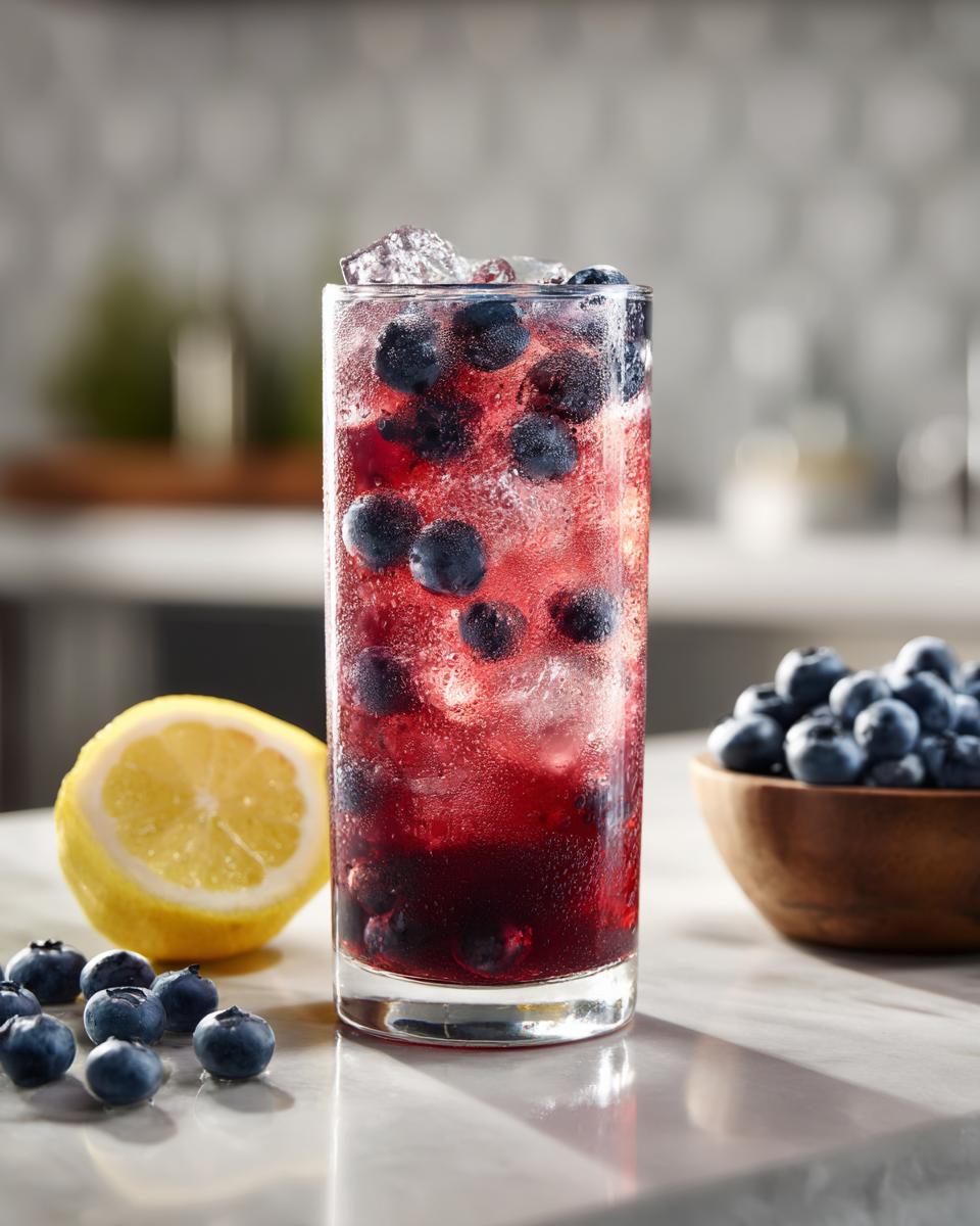 A tall glass of Blueberry Lemonade Vodka Smash cocktail with fresh blueberries, lemon, and ice.
