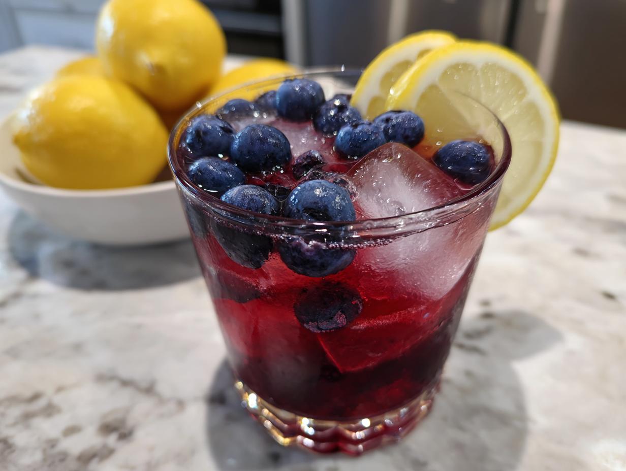 Close-up of a Blueberry Lemonade Vodka Smash cocktail with blueberries and lemon garnish.