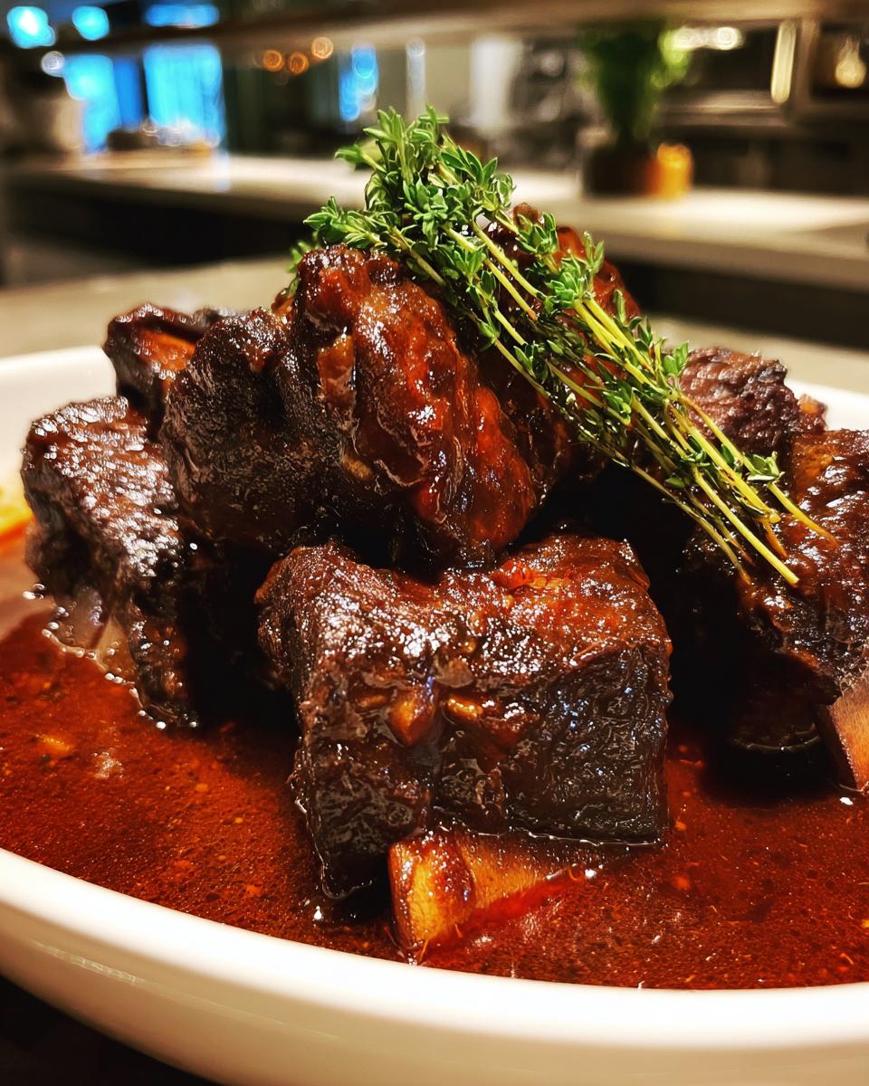 Close-up of braised short ribs with red wine, garnished with fresh herbs, in a white bowl.